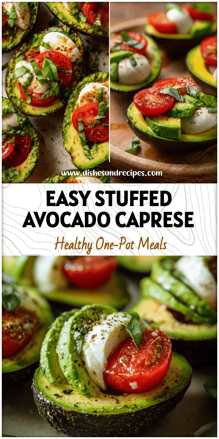 Close-up of Caprese salad served in avocado halves with mozzarella, tomato, and basil garnish.